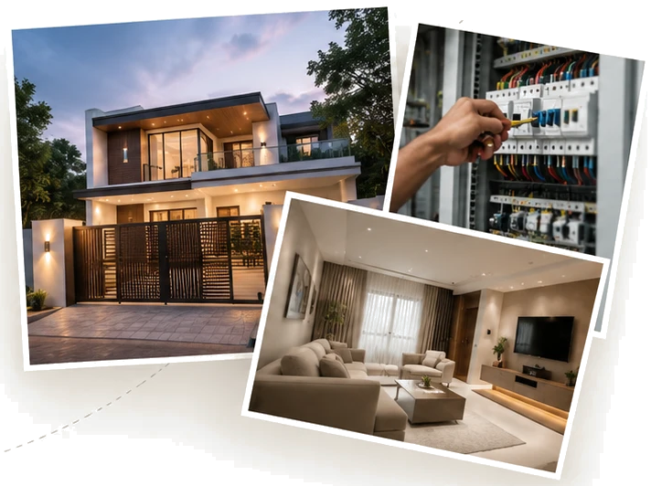 A BAAS-automated villa with a motorised gate, an engineer wiring a control panel, and a smart living room
